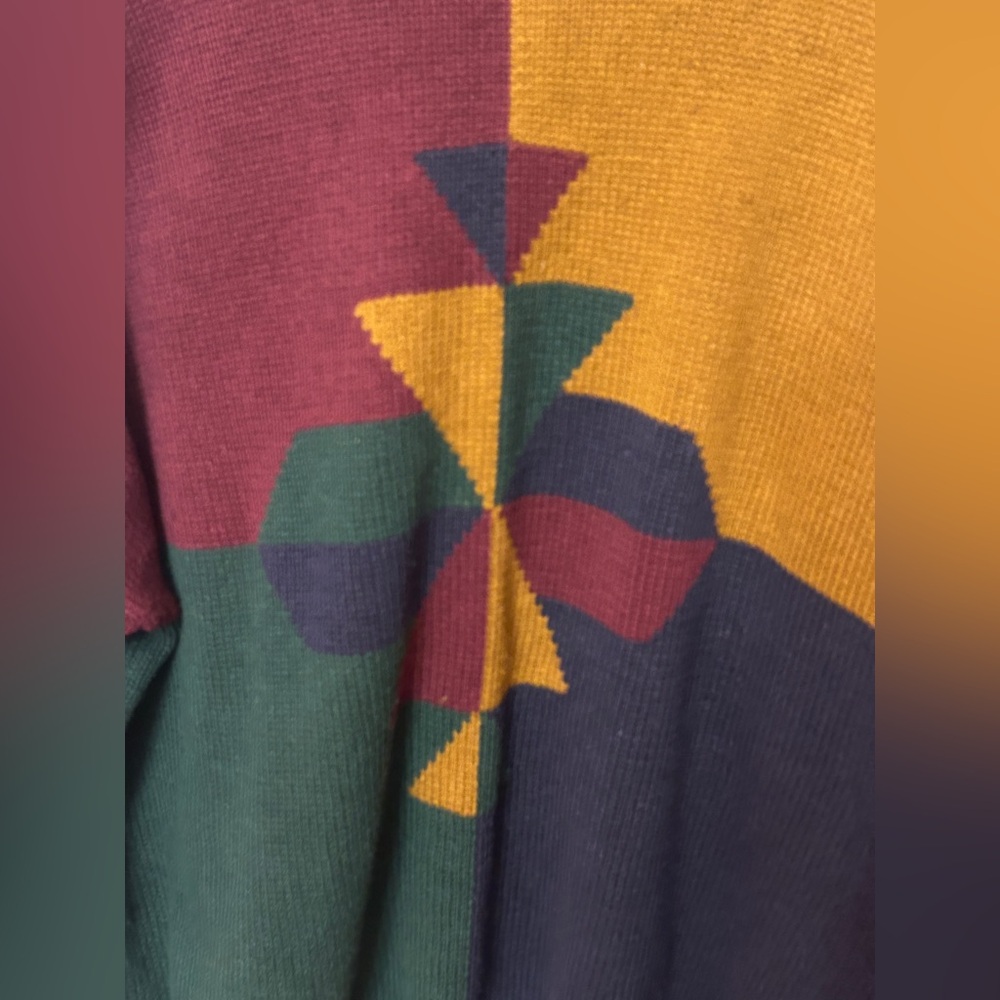 VTG 90s Structure Geometric Colorblock Sweater Large Ramie Cotton Grandpa Core - Picture 6 of 8